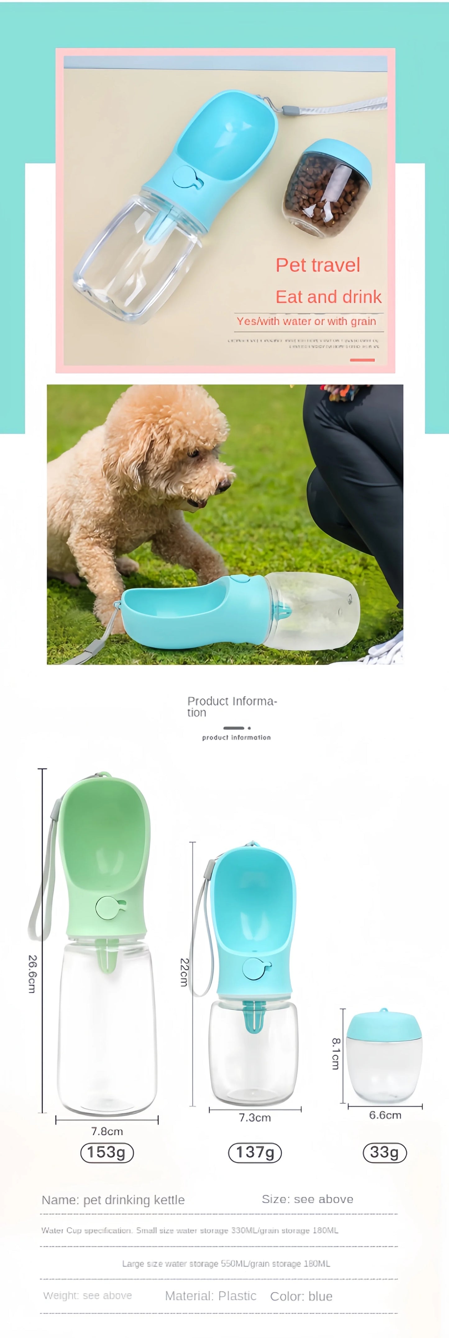 Portable Dog Water Bottle - 2-in-1 Travel Food Feeder